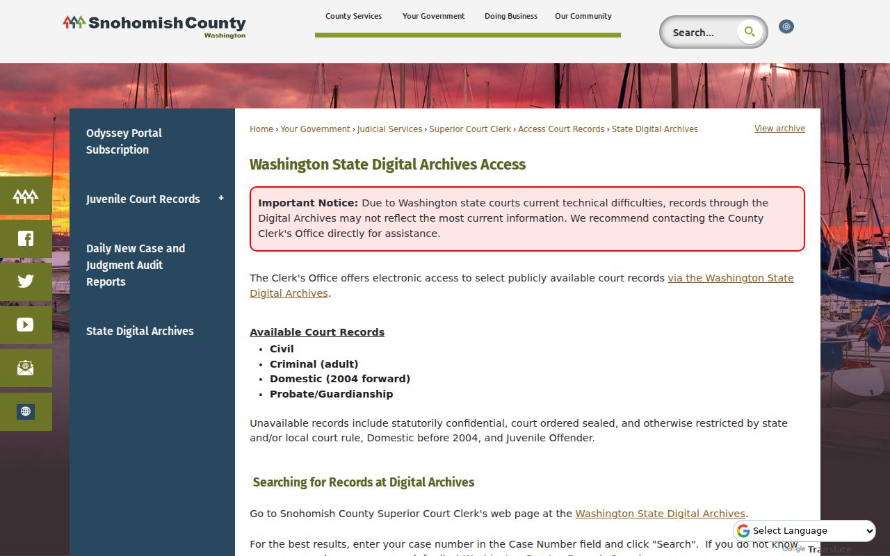 Snohomish County court records Digital Archives instructions