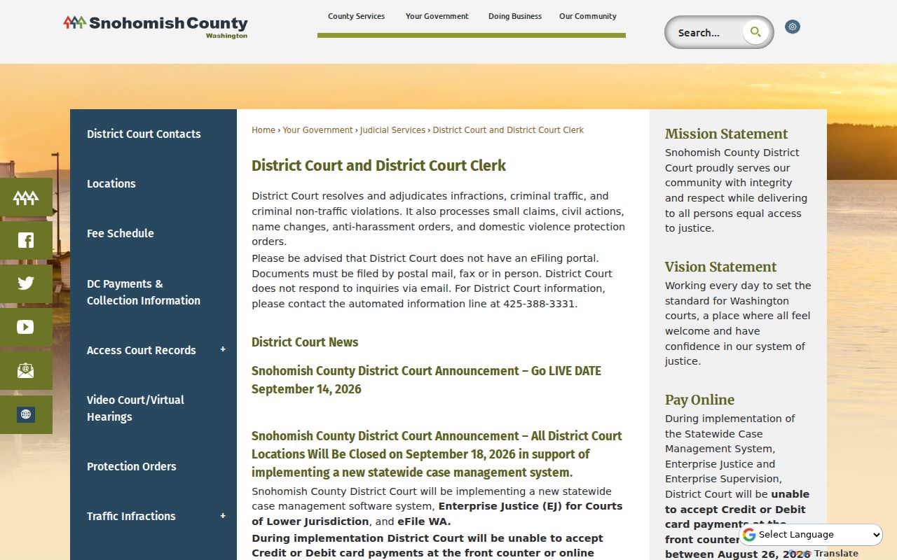 Snohomish County case search District Court divisions and Enterprise Justice rollout notice