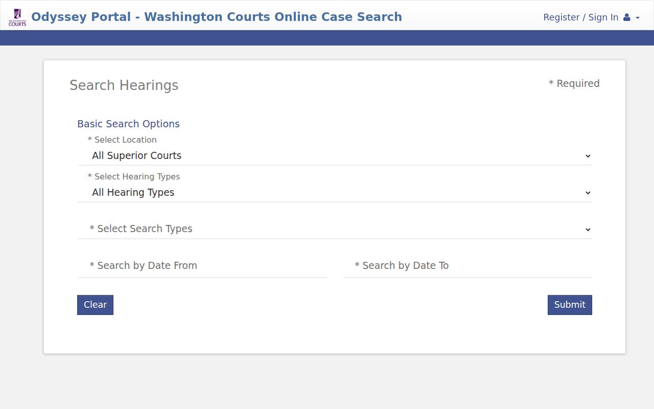 Snohomish County Odyssey case search hearing location, type, date, and party fields