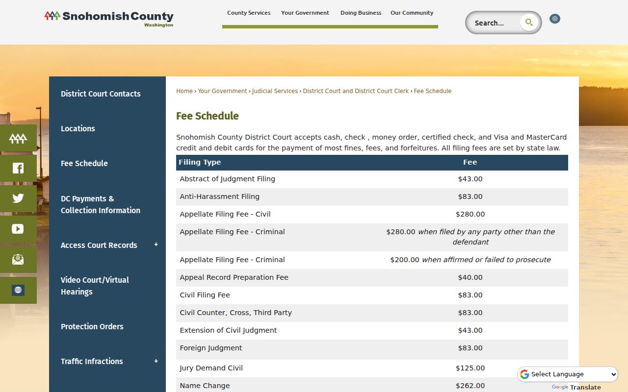 Snohomish County District Court records copy and certification fees