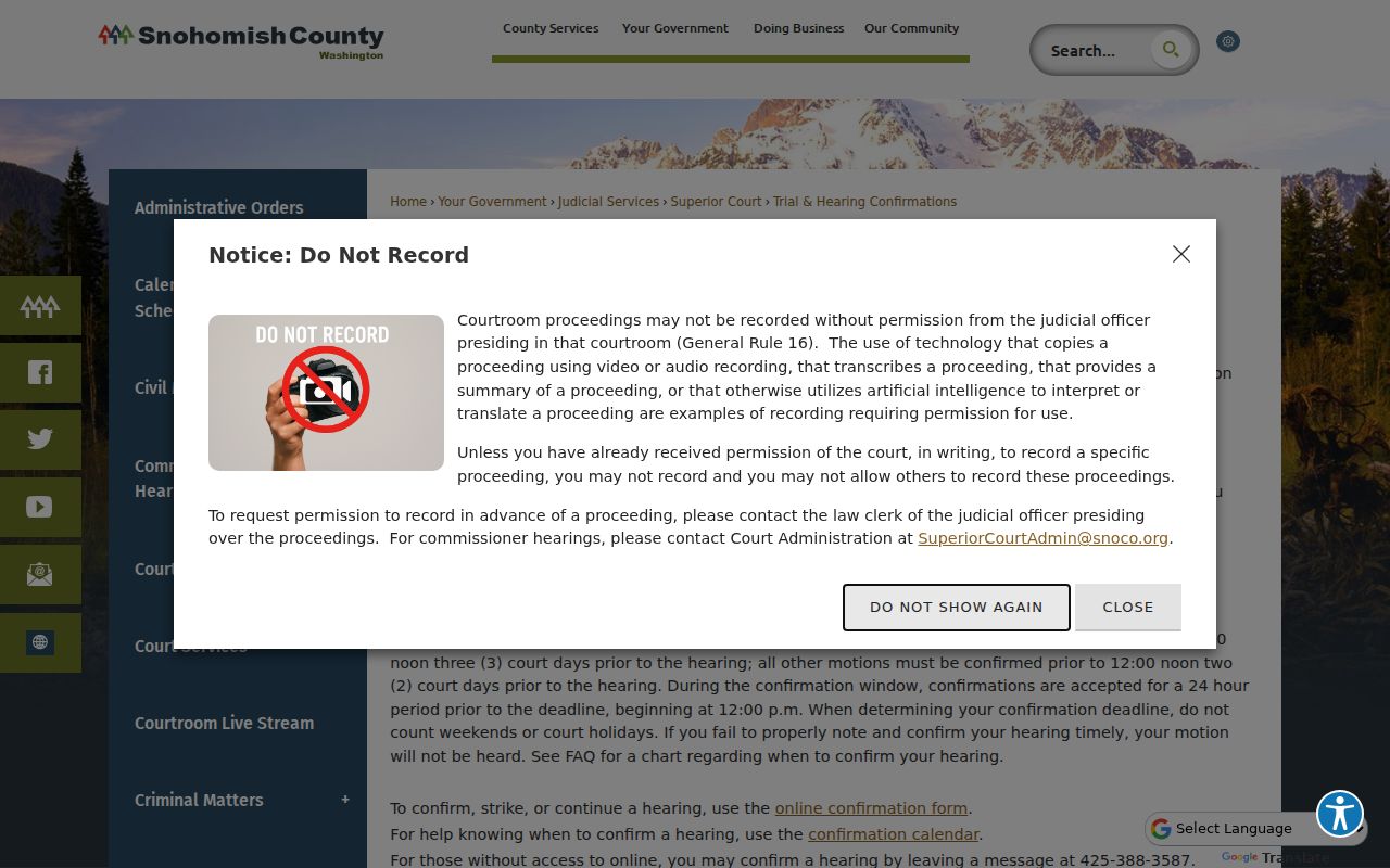 Snohomish County electronic hearing and trial confirmation