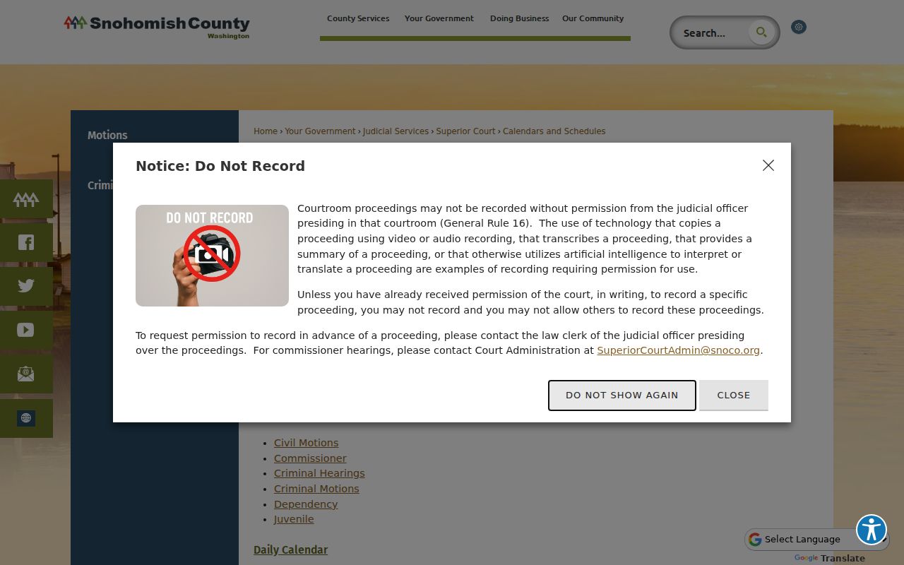 Snohomish County Superior Court calendar choices