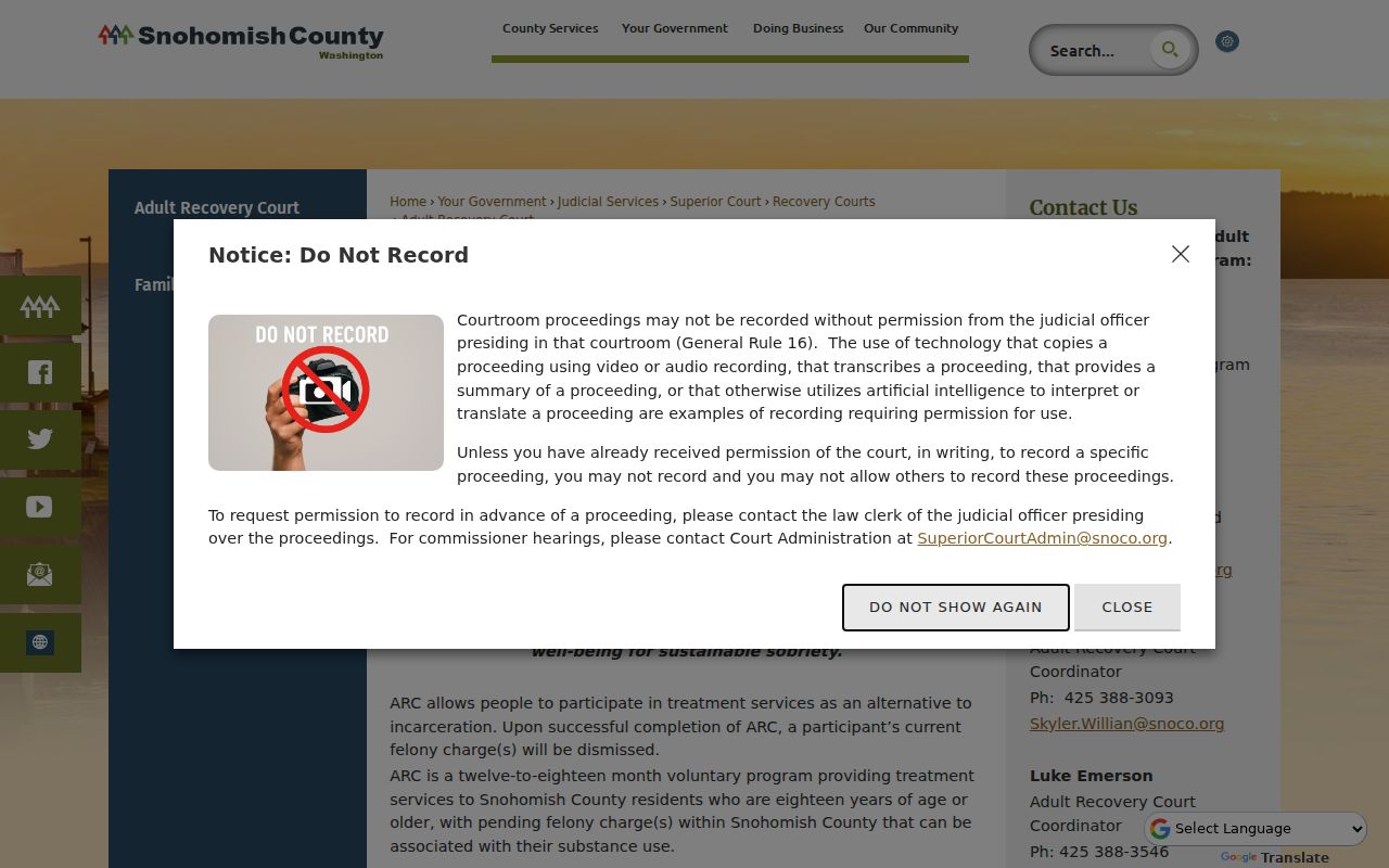 Snohomish County criminal docket Adult Recovery Court eligibility and calendar