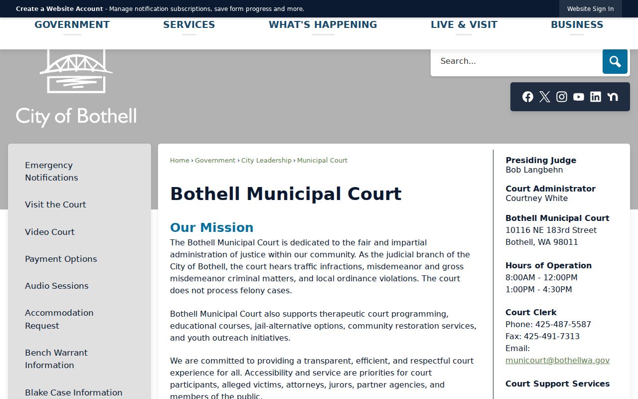 Official Bothell Municipal Court page showing court scope and therapeutic programs