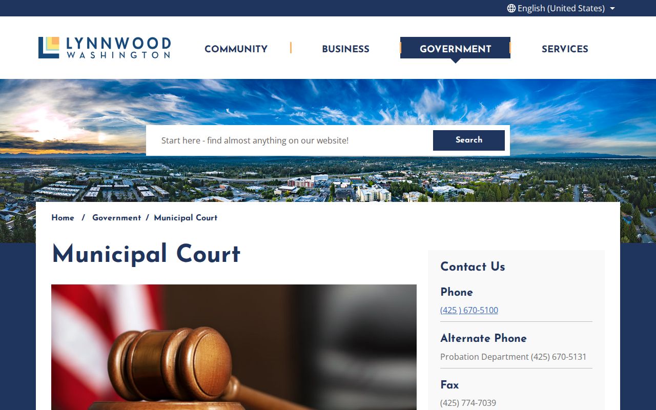 Official Lynnwood Municipal Court page showing court contact, payment, and records paths