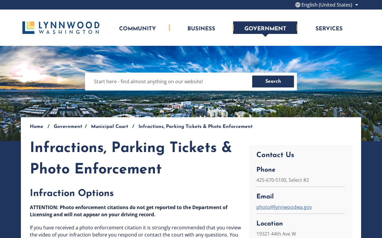 Official Lynnwood court page distinguishing traffic, parking, and photo-enforcement cases