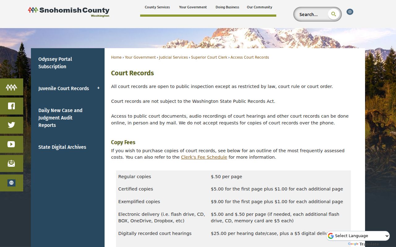 Snohomish County Superior Court records online, counter, mail, copy, and audio channels